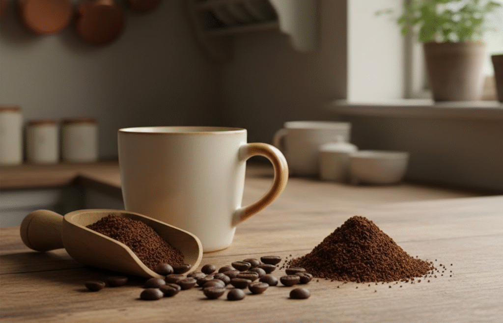 whole coffee beans and a small pile of used coffee grounds on a wooden countertop, showing other uses for coffee beans