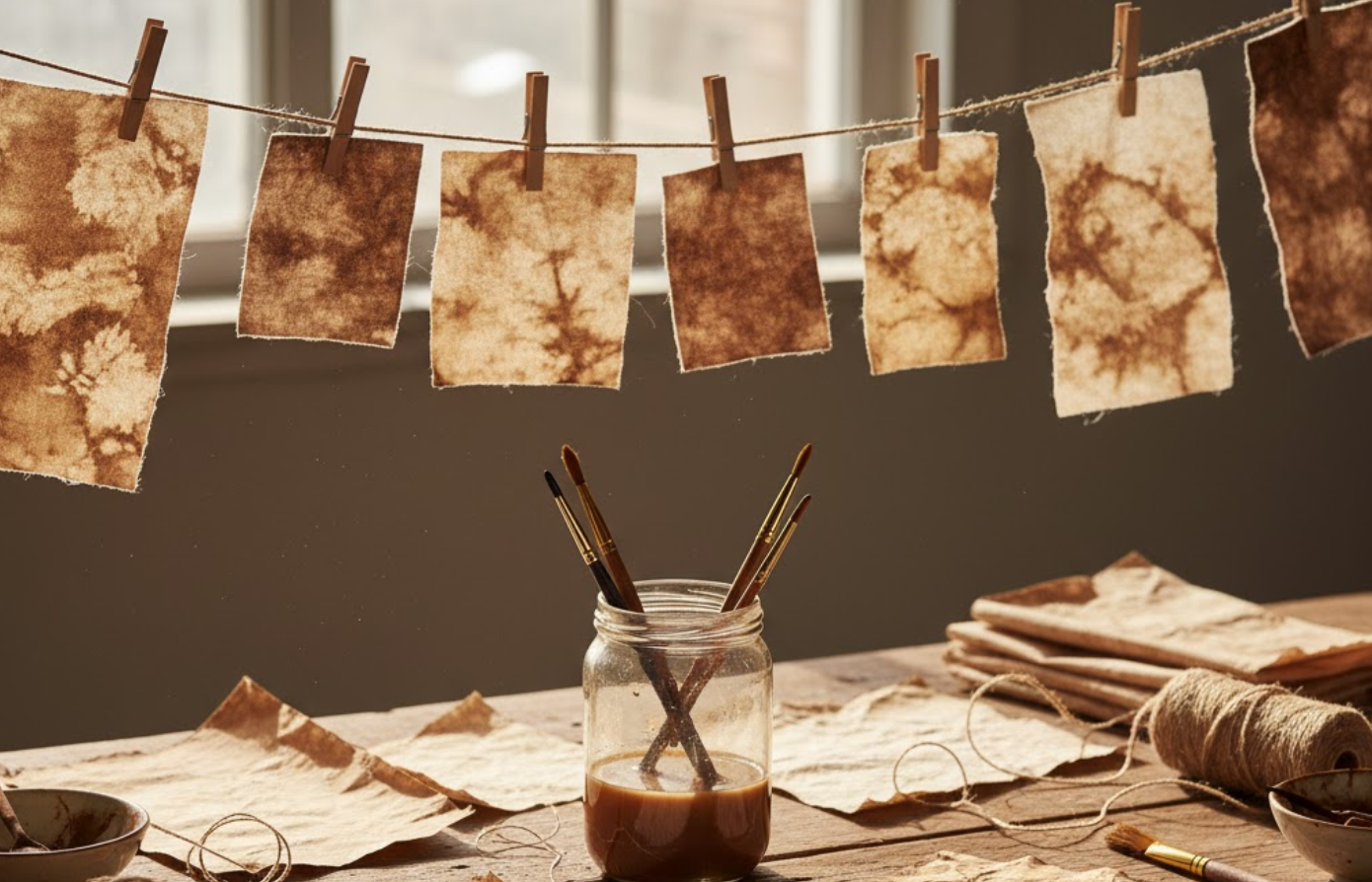 natural lighting DIY craft workspace with coffee-dyed fabric swatches and aged paper laid out to dry