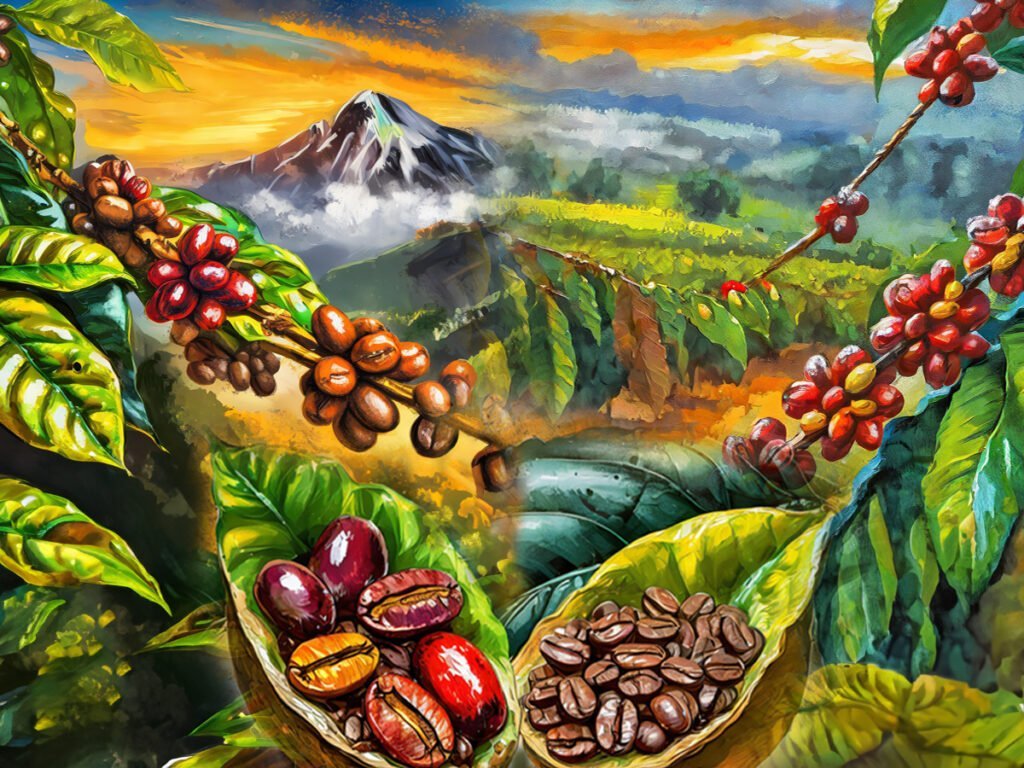 Robusta and Arabica beans being shown in their best habitats: flatlands for Robusta beans and mountainous/high elevations for Arabica beans