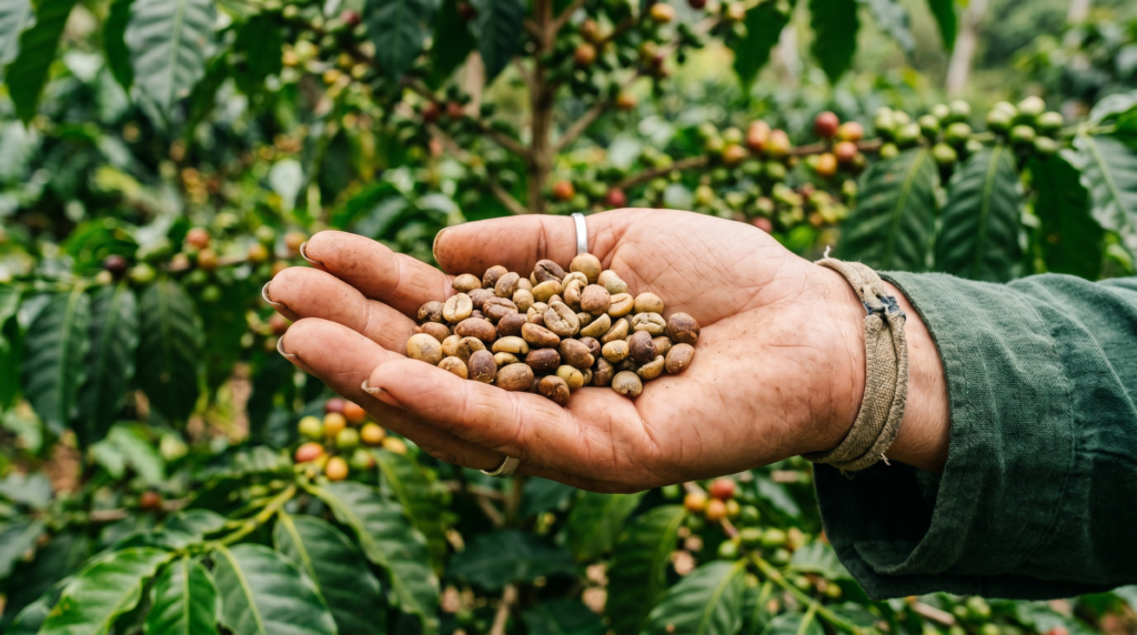 hand with coffee beans, representing Types of Coffee Beans