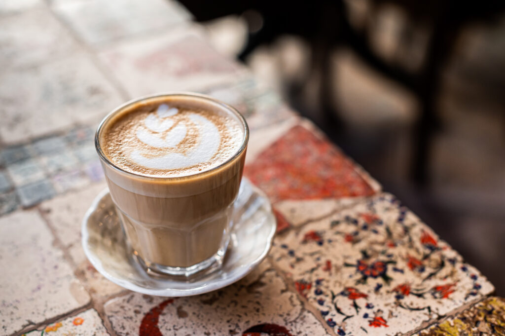 latte with heart shape in cafe