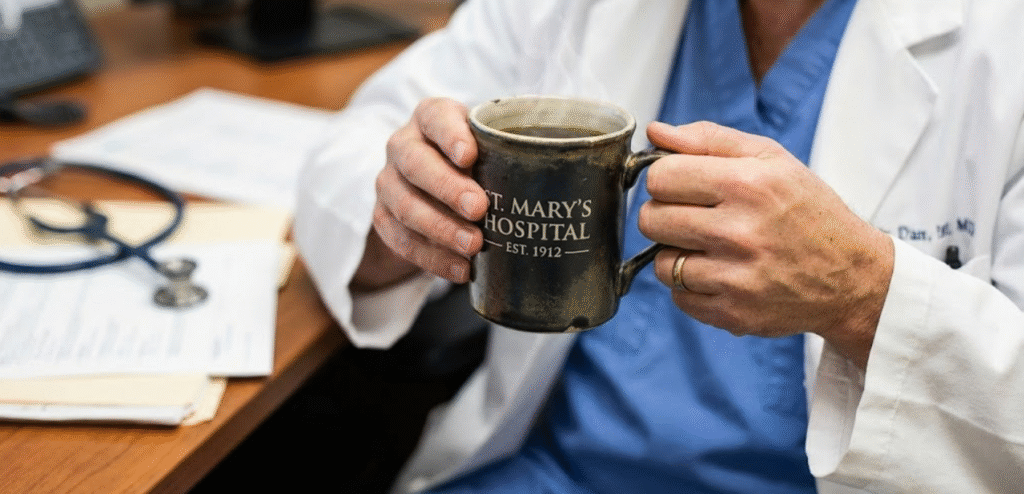 doctor drinking coffee, representing the health benefits of coffee