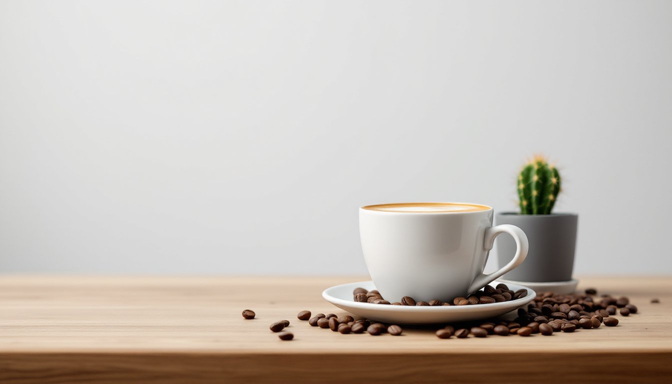 A clean, minimalist side view of a white cappuccino cup and saucer filled with creamy coffee, surrounded by a scattering of the best coffee beans for cappuccino