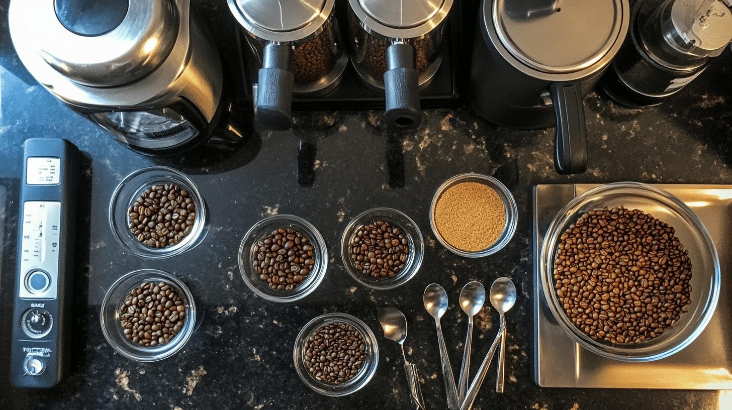 A table filled with coffee brewing tools and bowls of coffee beans - How Much Water to Coffee Ratio for Perfect Brew.jpg