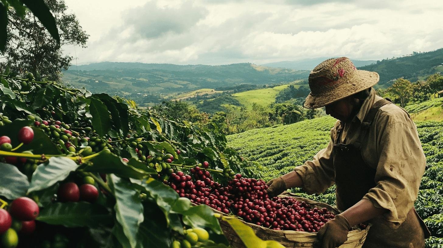 A farmer harvesting coffee cherries from a large coffee farm- Plant Coffee Beans Come From Rich Cultural Origins