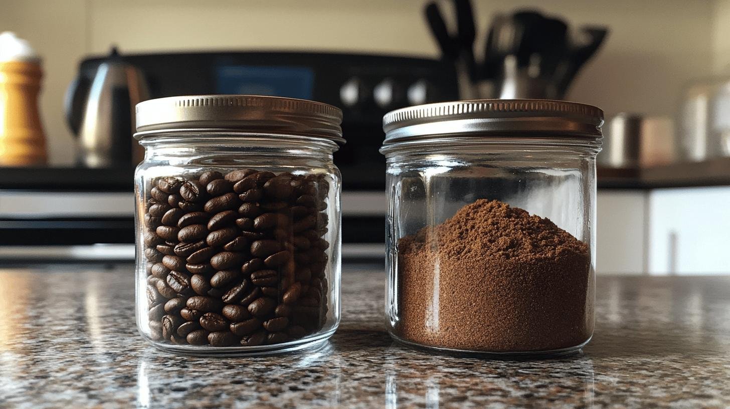 A jar of whole coffee beans and ground coffee beans -How Long Do Coffee Beans Last.jpg