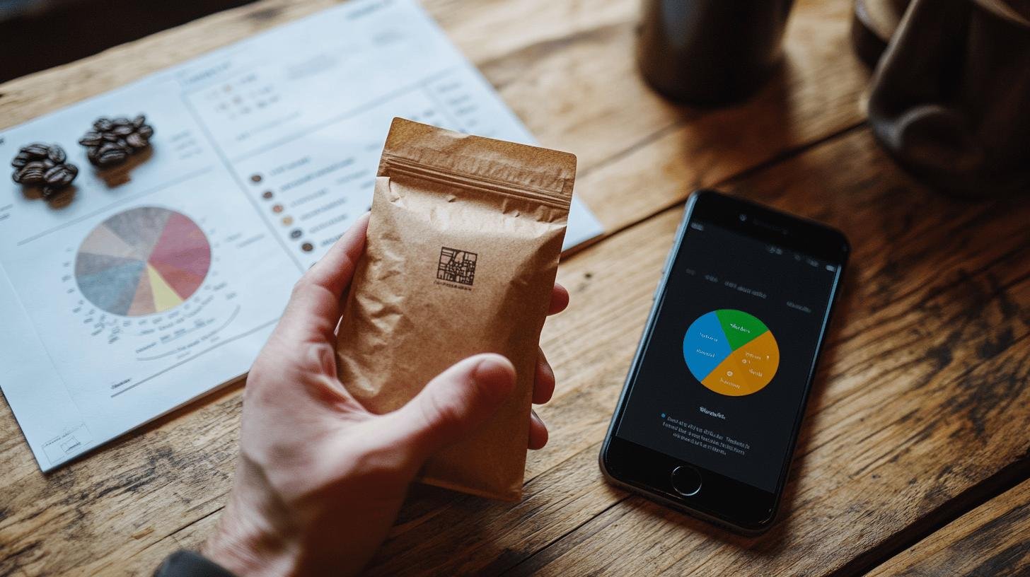 A color wheel paper with grains of coffee beans on it, and a phone displaying a color wheel, all arranged on a table -  How to Taste Coffee Notes Like a Pro.jpg