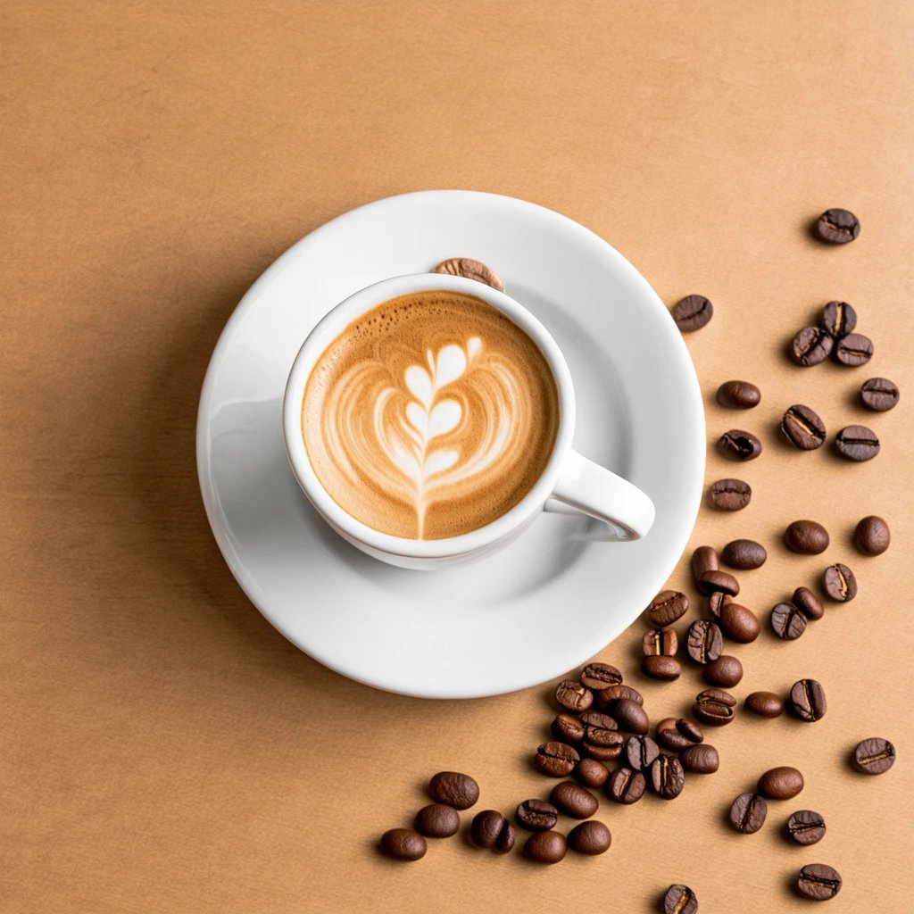 A top-down view of a classic cappuccino in a white ceramic cup and saucer, featuring delicate tulip latte art on the foam