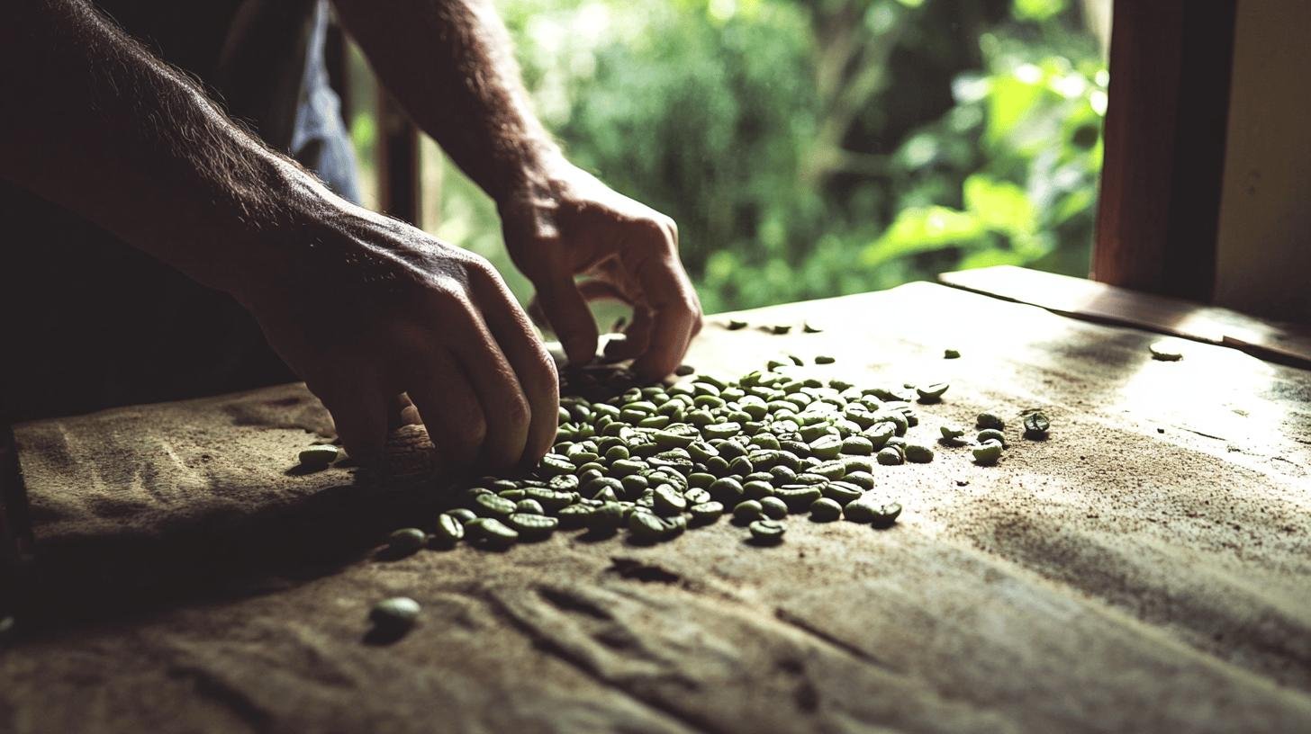 Hand picking coffee beans from a table - How to Roast Coffee Beans at Home Perfectly