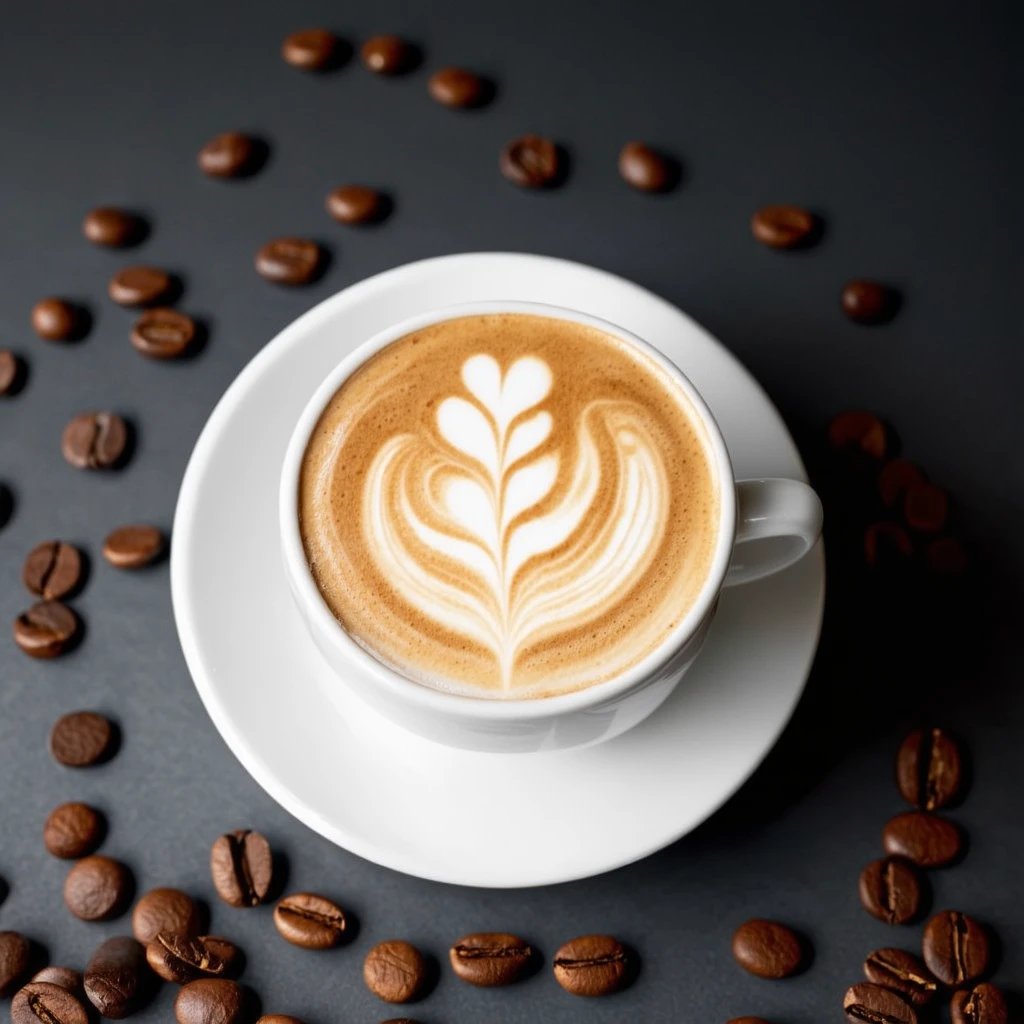 A top-down view of a freshly poured cappuccino in a white porcelain cup, showcasing an intricate tulip latte art design