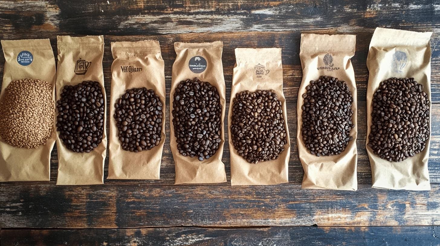  coffee beans paper backs on the table - 6 Best Coffee Beans with Low Acidity