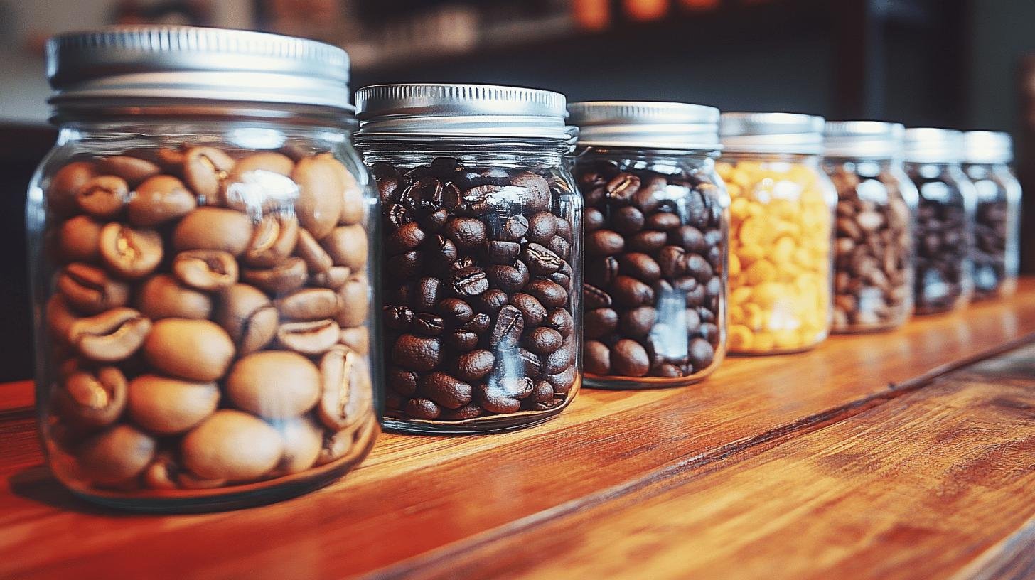 Transparent jars of coffee beans lined up on a table - How to Taste Coffee Notes Like a Pro.jpg