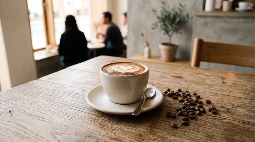 A fresh cappuccino with elegant heart-shaped latte art sits in a ceramic cup next to a scattered handful of the best coffee beans for cappuccino from Equipoise Coffee