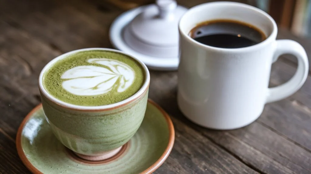 stock photo of green tea and cup of coffee - how much caffeine in green tea