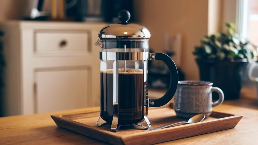 cozy home kitchen scene with a French press full of French vanilla coffee on a wooden tray - french vanilla coffee