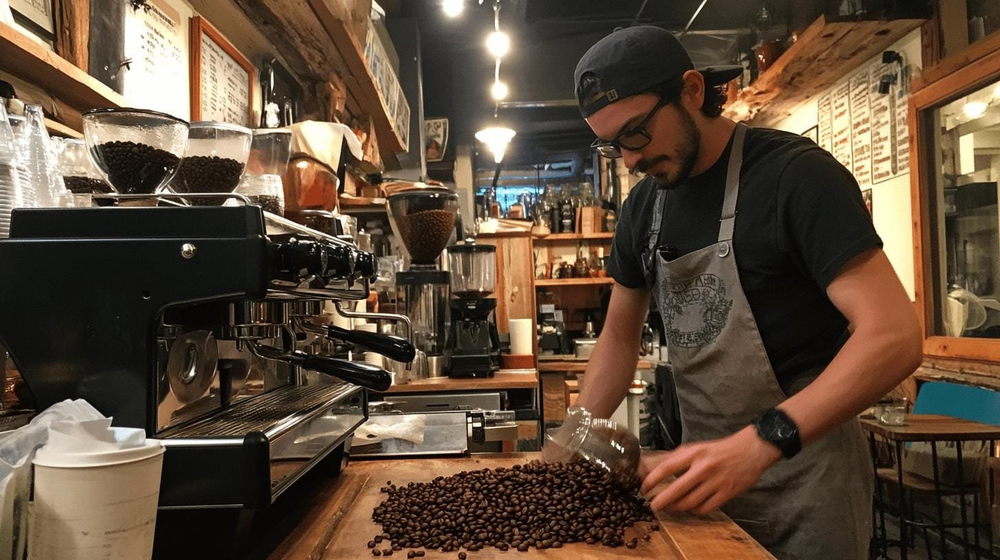 A man wearing an apron mixing coffee beans on a table- What Makes Specialty Coffee Special.jpg