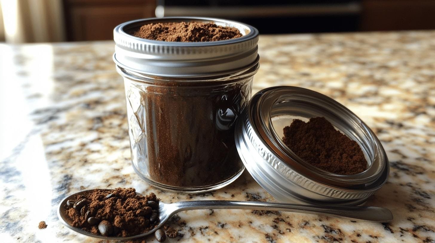 An open jar of ground coffee beans and a spoonful of ground coffee beans on a table - Coffee Blend Extract.jpg