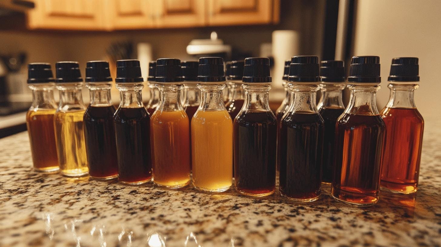 Different bottles of coffee syrup flavors arranged on a table - Coffee Flavors Syrup.jpg