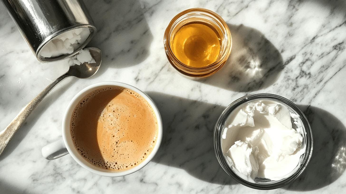 A cup of coffee, a jar of whipped cream and a bottle of coconut oil - How to Make Coffee Keto-Friendly