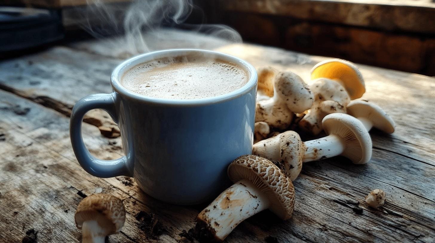 A cup of coffee on a table beside mushrooms - Best Coffee with Health Benefits.jpg