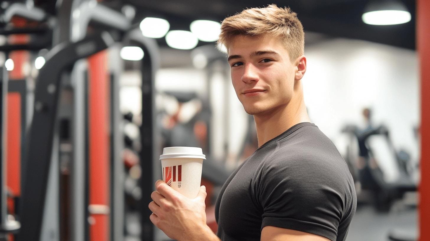 Man holding a coffee cup in a gym - Coffee Before or After Workout: Maximize Benefits