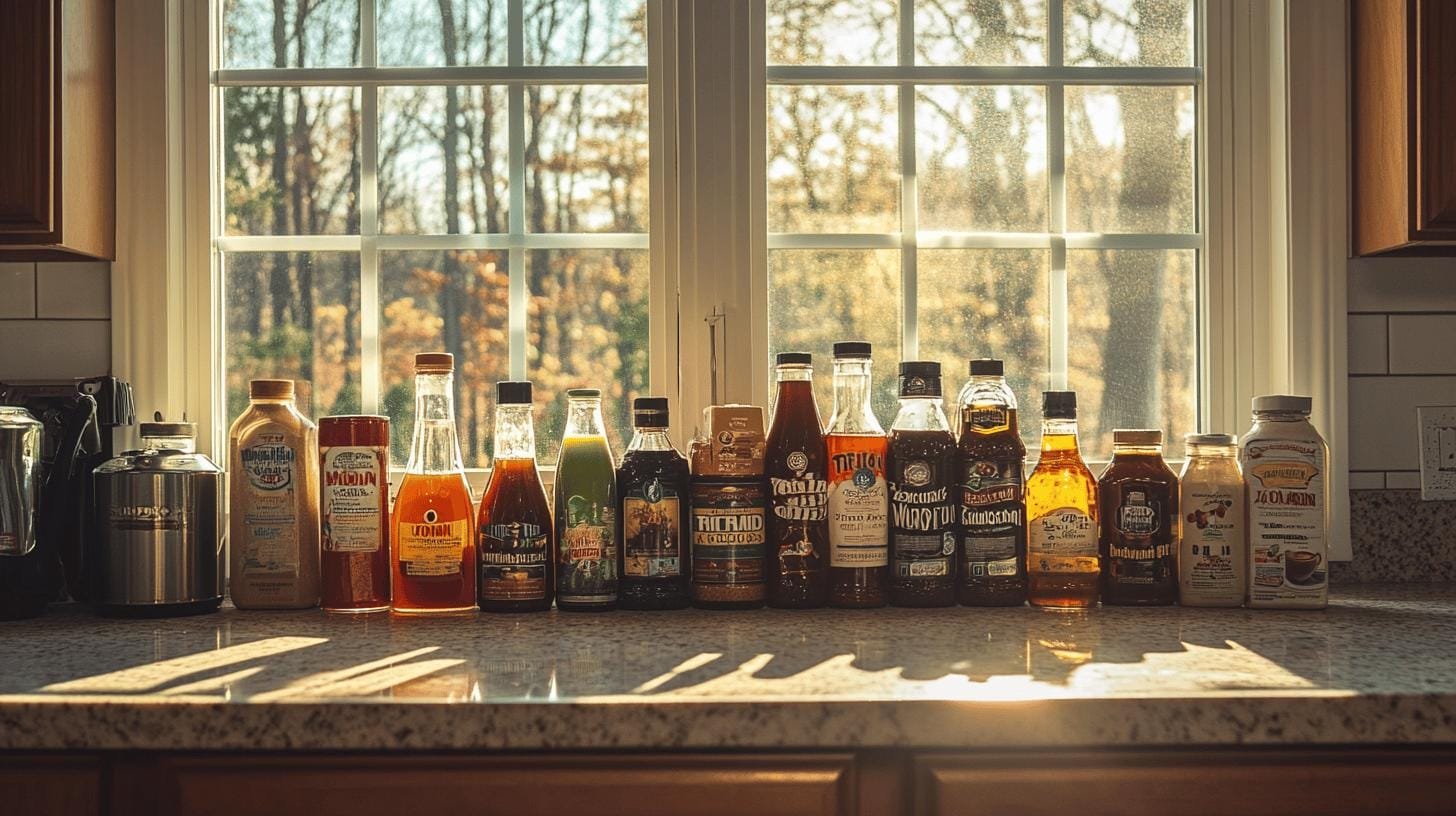 Commercial coffee syrups lined on a kitchen counter - Simple Syrup Flavors for Coffee: Top Picks