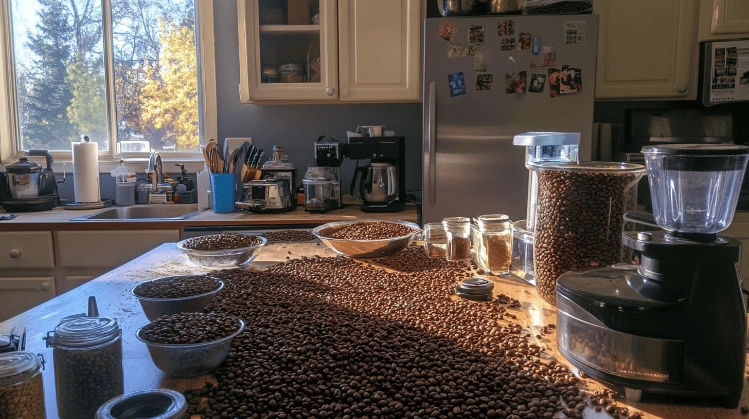 Raw coffee beans spread on a large table in the middle of the kitchen - How to Make Coffee Blends.jpg