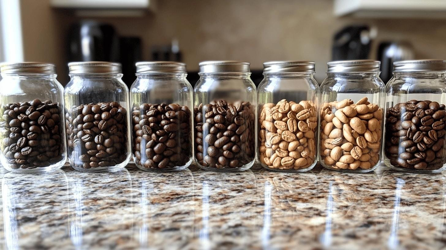 Transparent jars of coffee beans on a table - What Coffee Blend Is the Strongest.jpg
