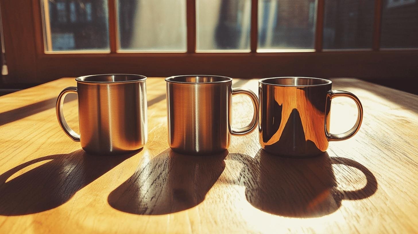 3 stainless steel cups on a table - Does Coffee Taste Different in Stainless Steel Cups.jpg