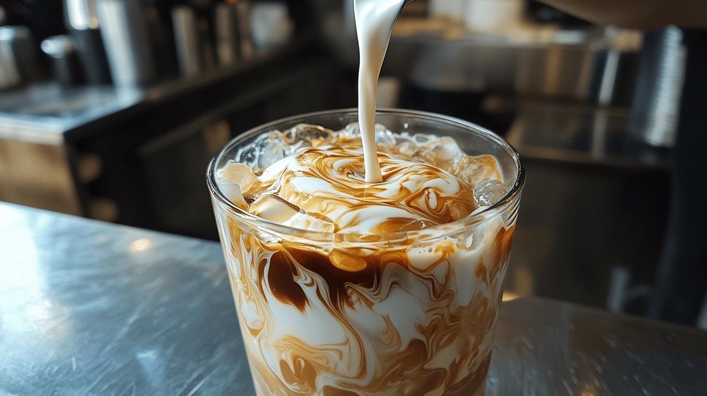 Pouring milk into a cup of iced coffee - Complex iced coffee.jpg