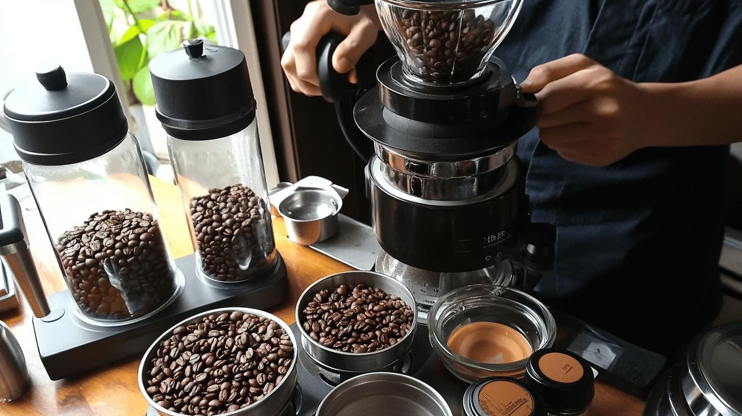 A french press coffee maker with coffee beans inside and bowls of coffee beans on a table - Why Blend Coffe .jpg