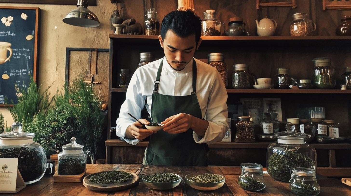 Man wearing an apron and holding a bowl of coffee beans - Tea vs Coffee Tasting.jpg