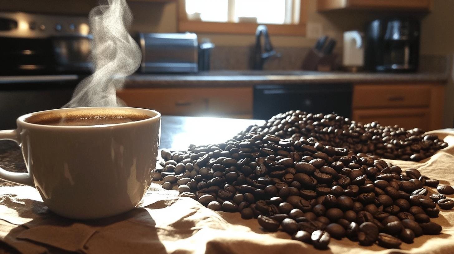 A cup of hot coffee and a heap of coffee beans scattered on a table cloth - Types of Coffee Blends.jpg