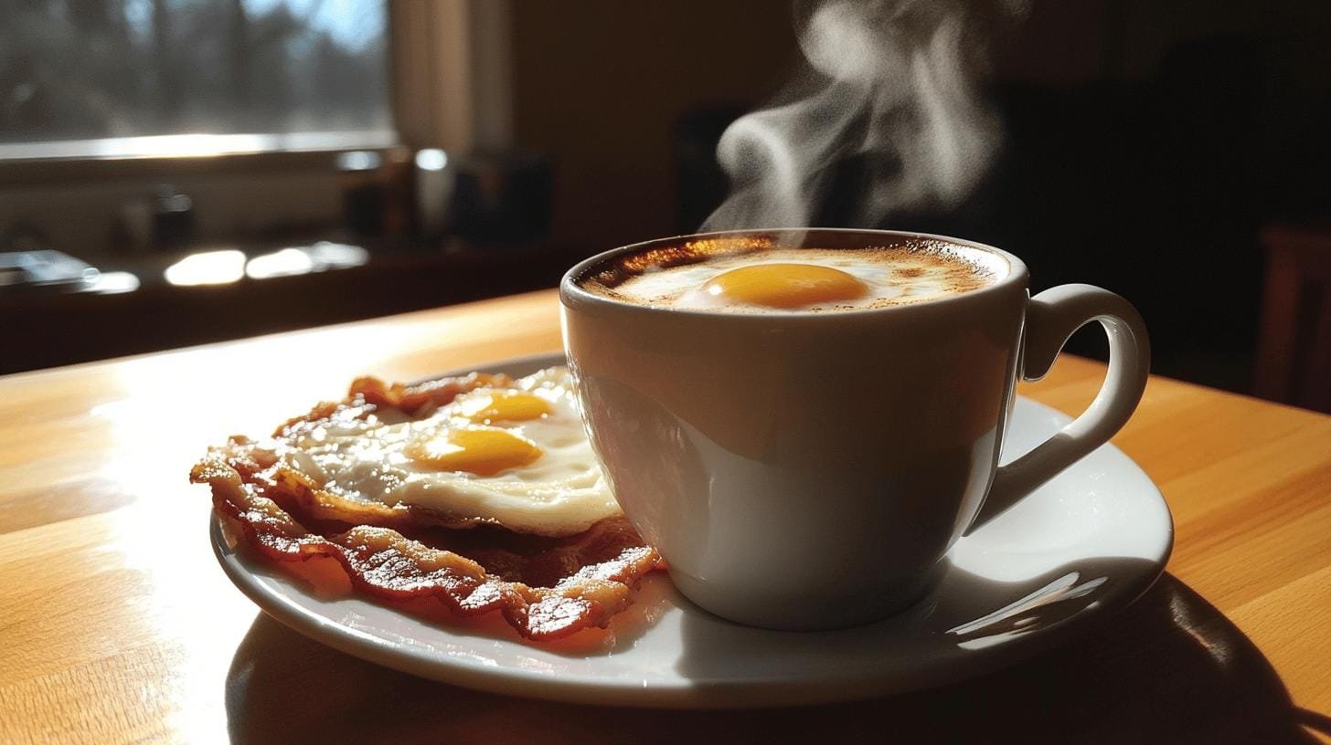 A cup of coffee and egg on a table— Difference Between House Blend and Breakfast Blend Coffee