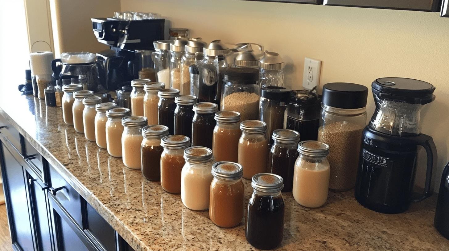 Coffee creamer jars lined on a table - How to Make Homemade Coffee Creamer Easily