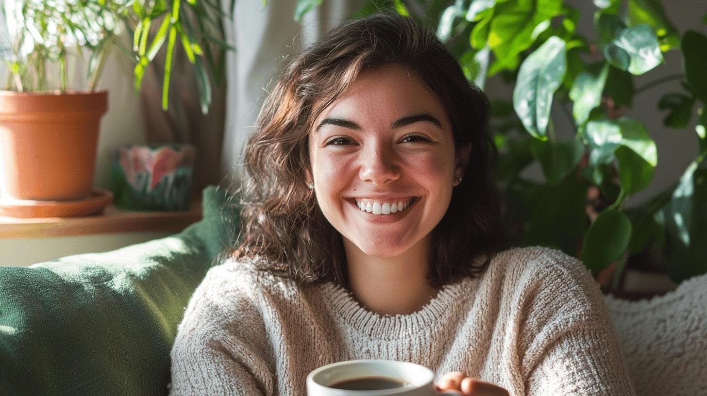 Girl holding a cup of coffee and smiling with potted plants behind her - Acid Free Coffee.jpg