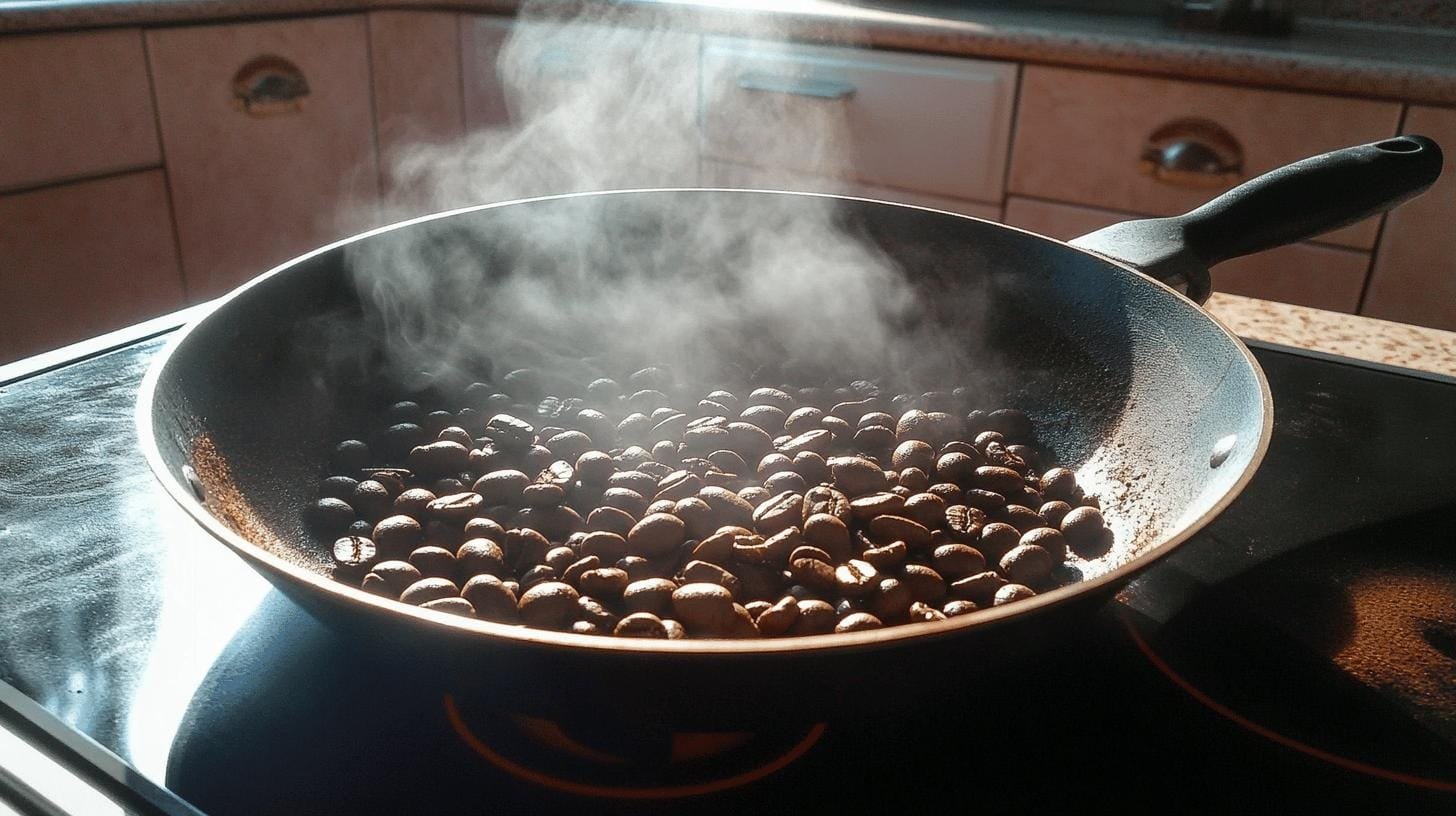 Coffee beans roasting in a frying pan on a cooker - What Coffee Blend Has the Most Caffeine?.jpg