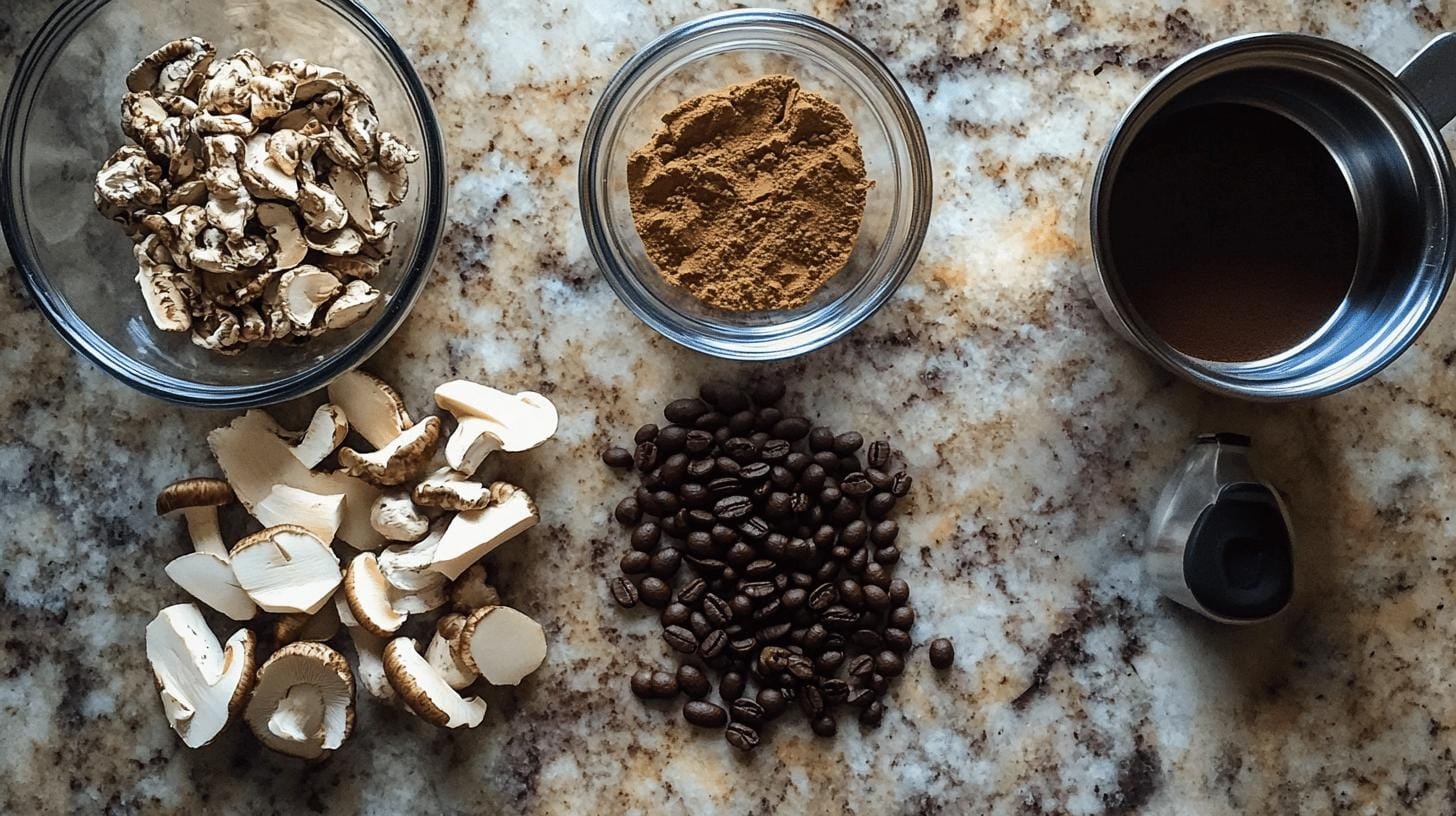  A bowl of mushrooms, a bowl of ground coffee beans and a cup of water on a table - Mushroom Complex Coffee.jpg