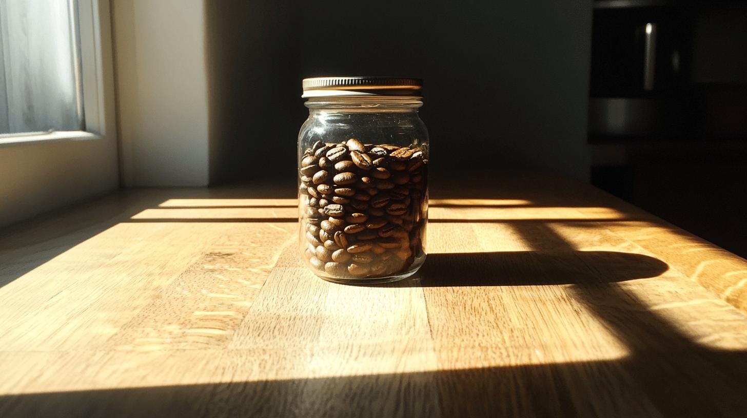 A glass jar of coffee beans on a wooden table - How to Infuse Coffee Beans with Vanilla Flavor