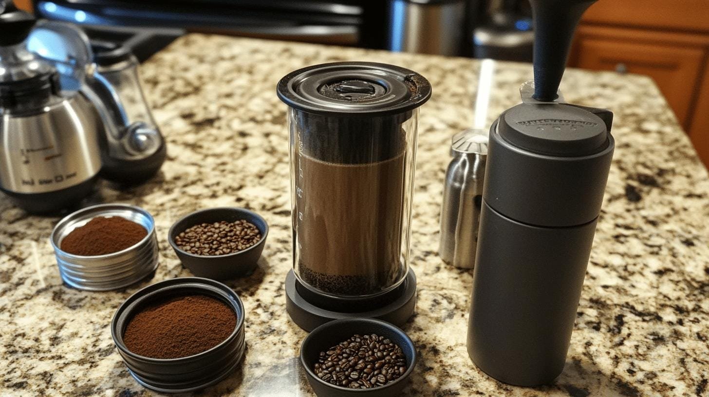 Aeropress machine, Coffee beans and Ground coffee beans on the table - How Do I Use My AeroPress: Simple Steps