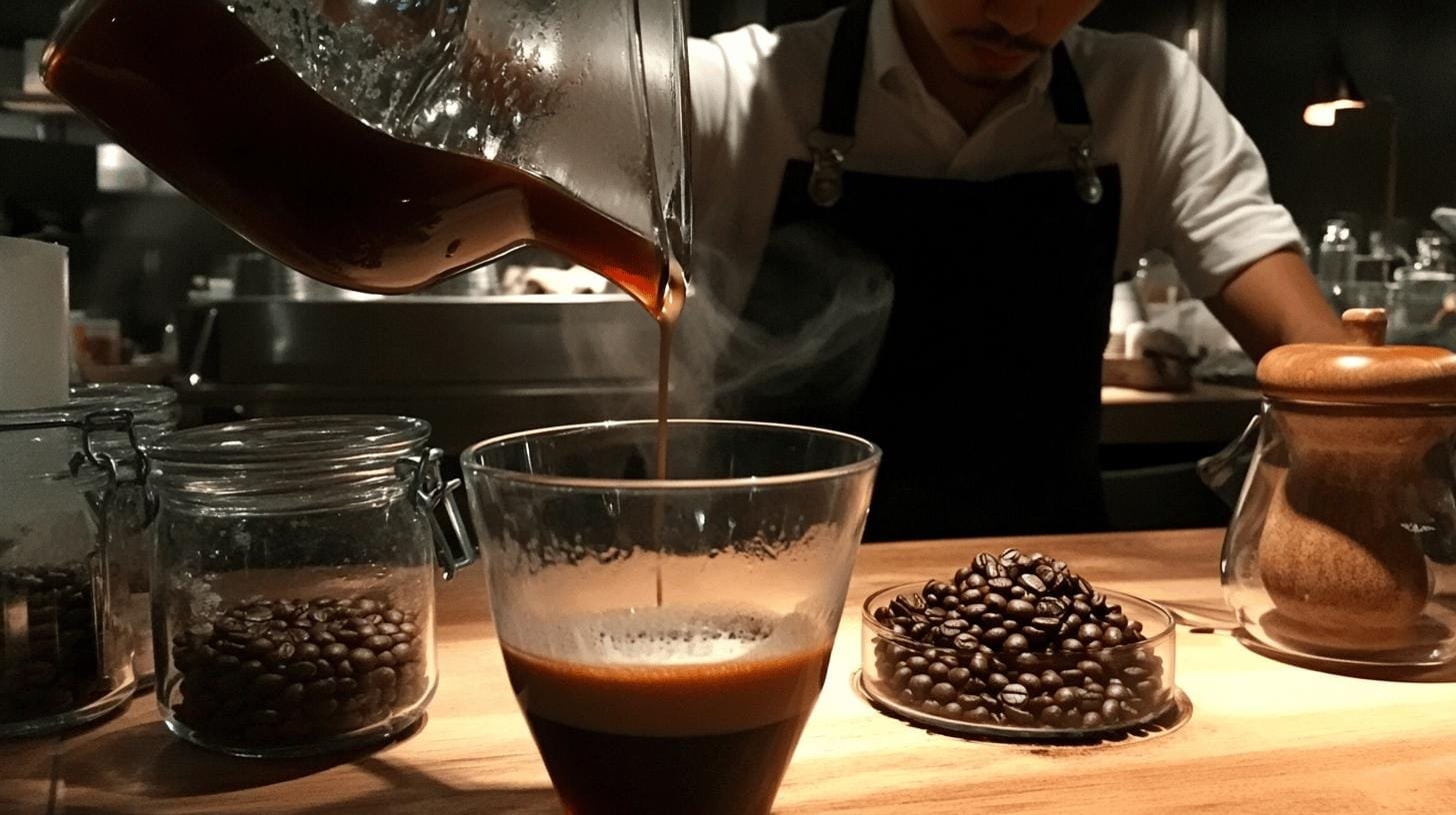 A man wearing an apron pours coffee from a transparent jar into a smaller jar  -  a Coffee Blend Drip.jpg