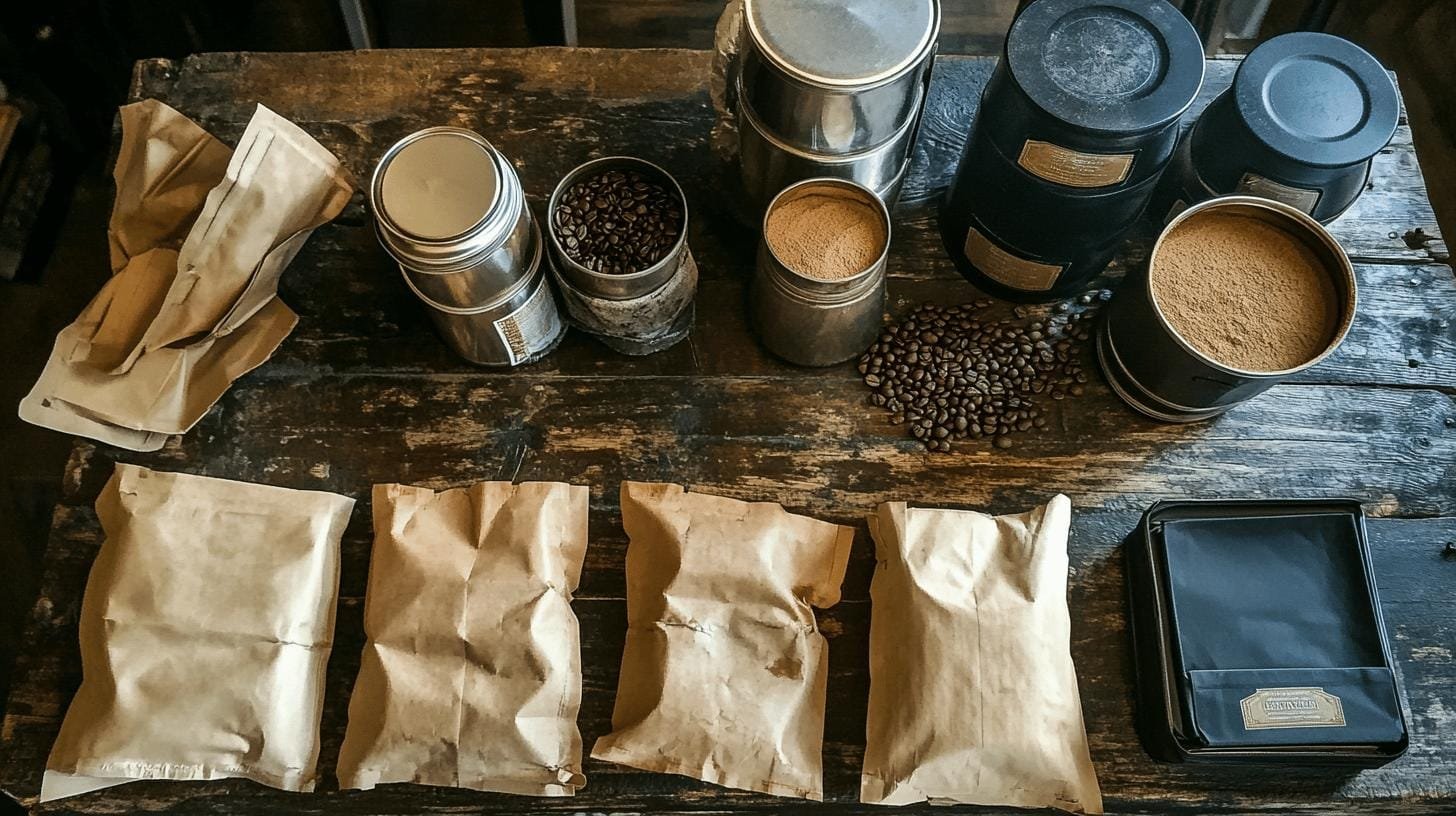 A table filled with packaged coffee beans, opened and unopened jars of raw and ground coffee beans - Coffee Chicory Blend.jpg