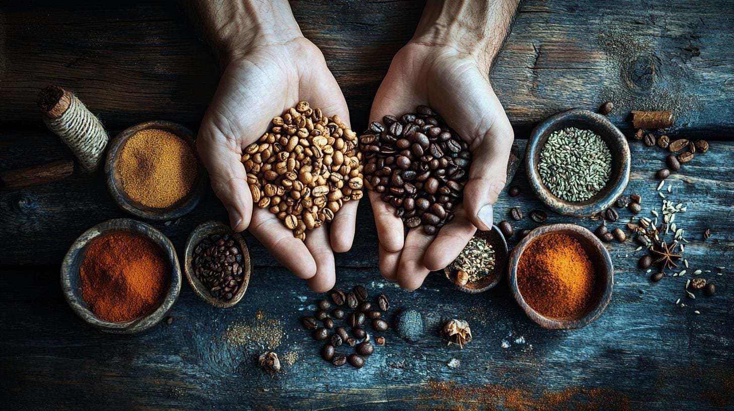 Spices on the table and coffee beans on the hand - How to Infuse Flavor into Coffee Beans Easily