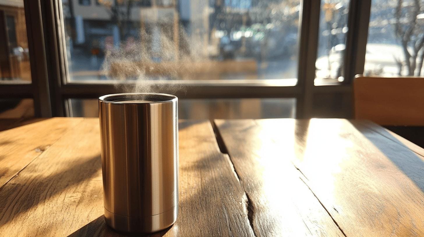 A stainless steel mug on a table - Does Coffee Taste Different in Stainless Steel Cups?.jpg