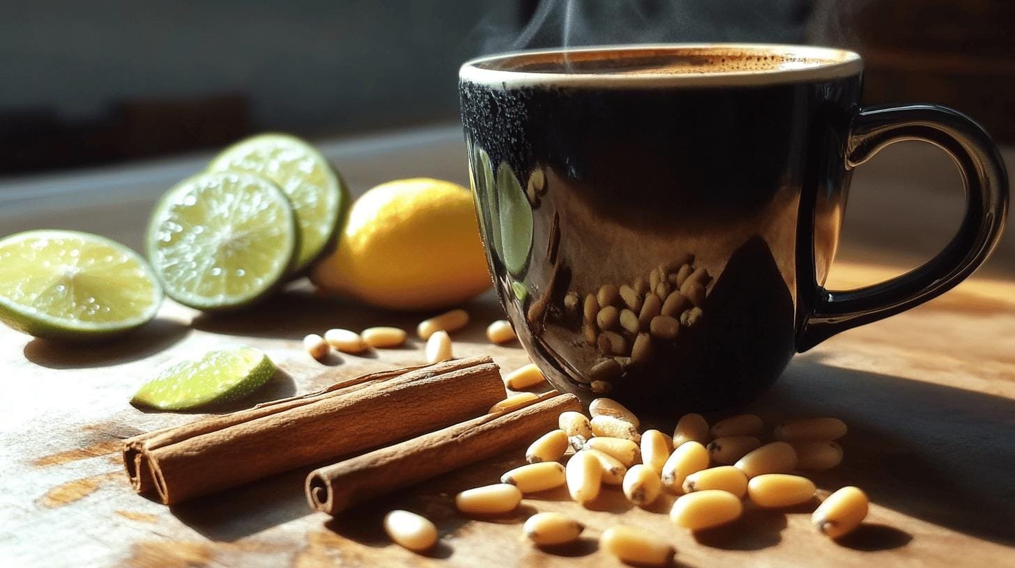 Lemon, Lime, Cinnamon,Pine nuts and a coffee cup on the table - What Is the Best Additive to Coffee?