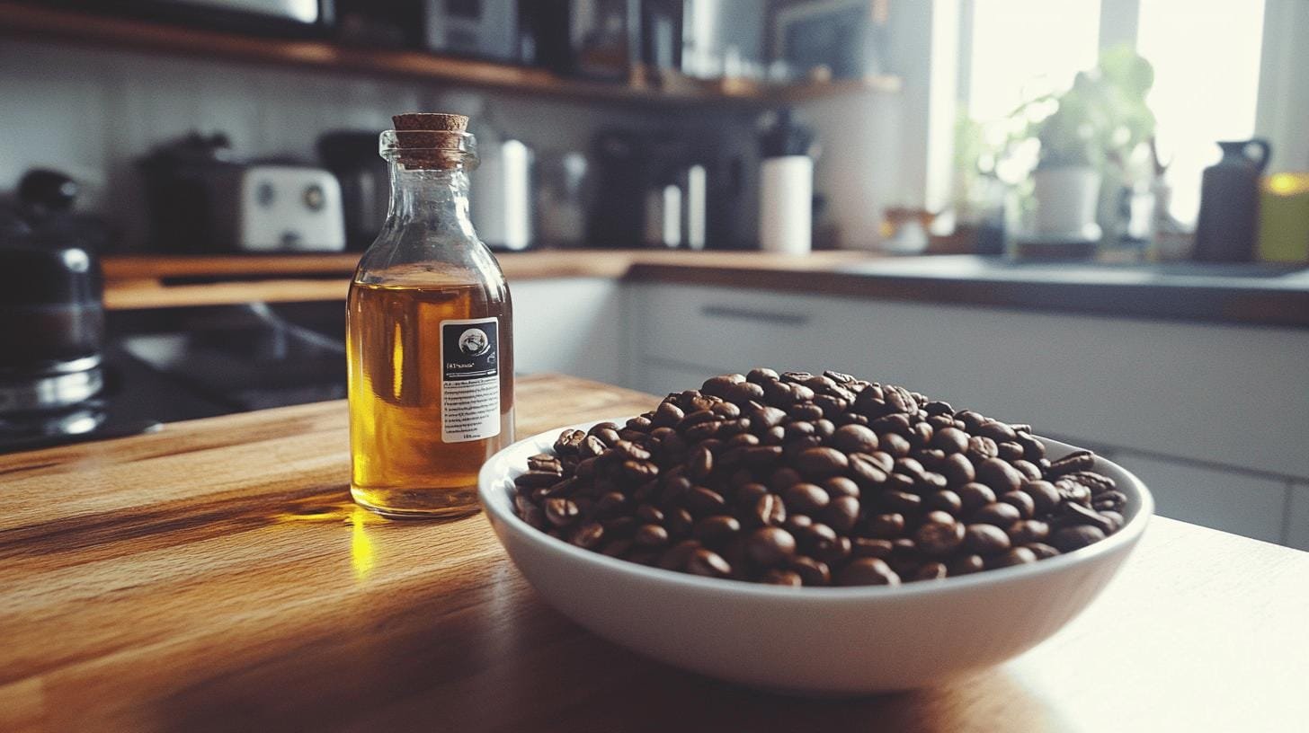 A bowl of coffee beans and a bottle of oil on the table - How to Infuse Flavor into Coffee Beans Easily