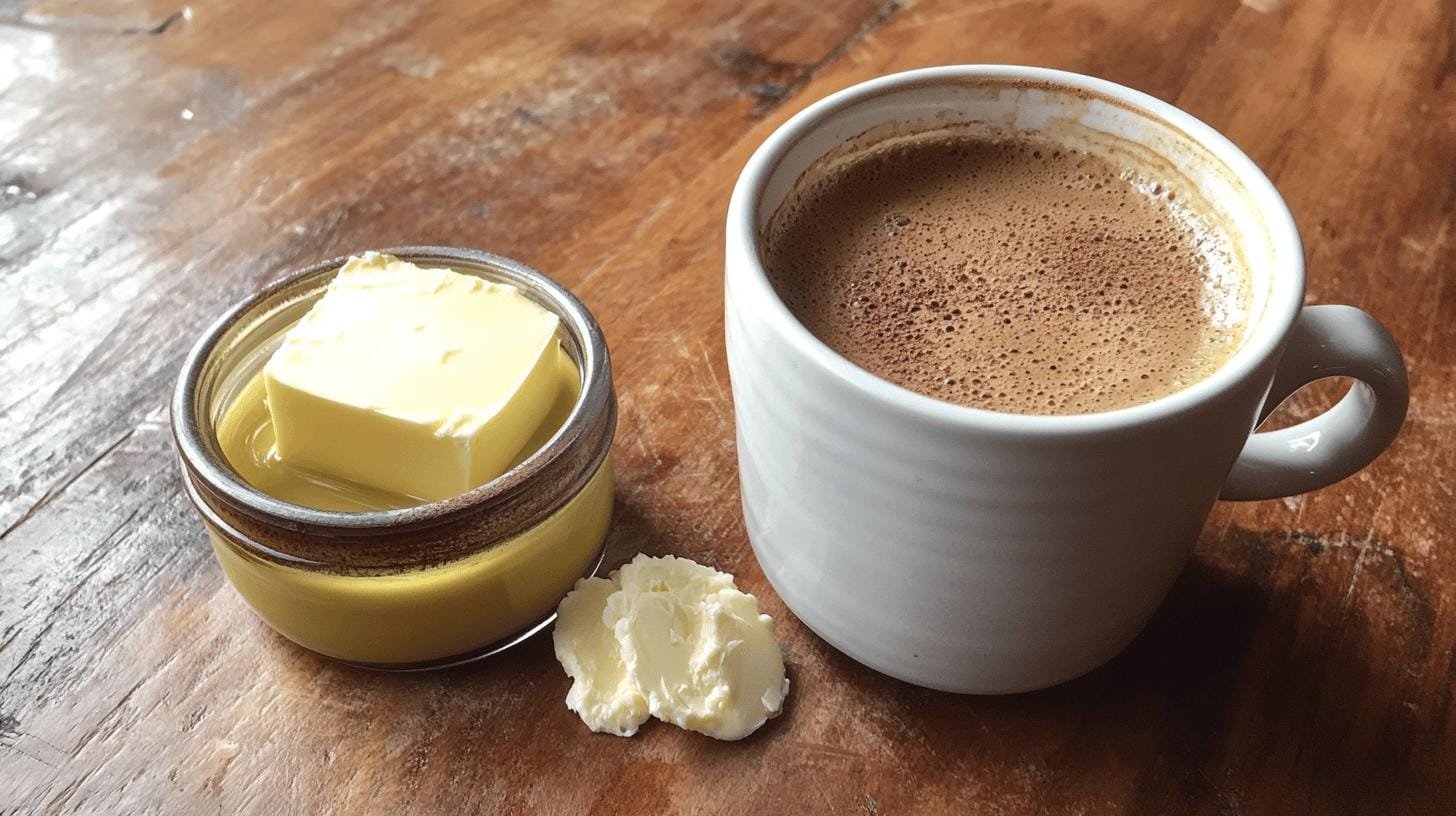 A cup of coffee and a jar of butter on the table - How to Make Coffee Keto-Friendly