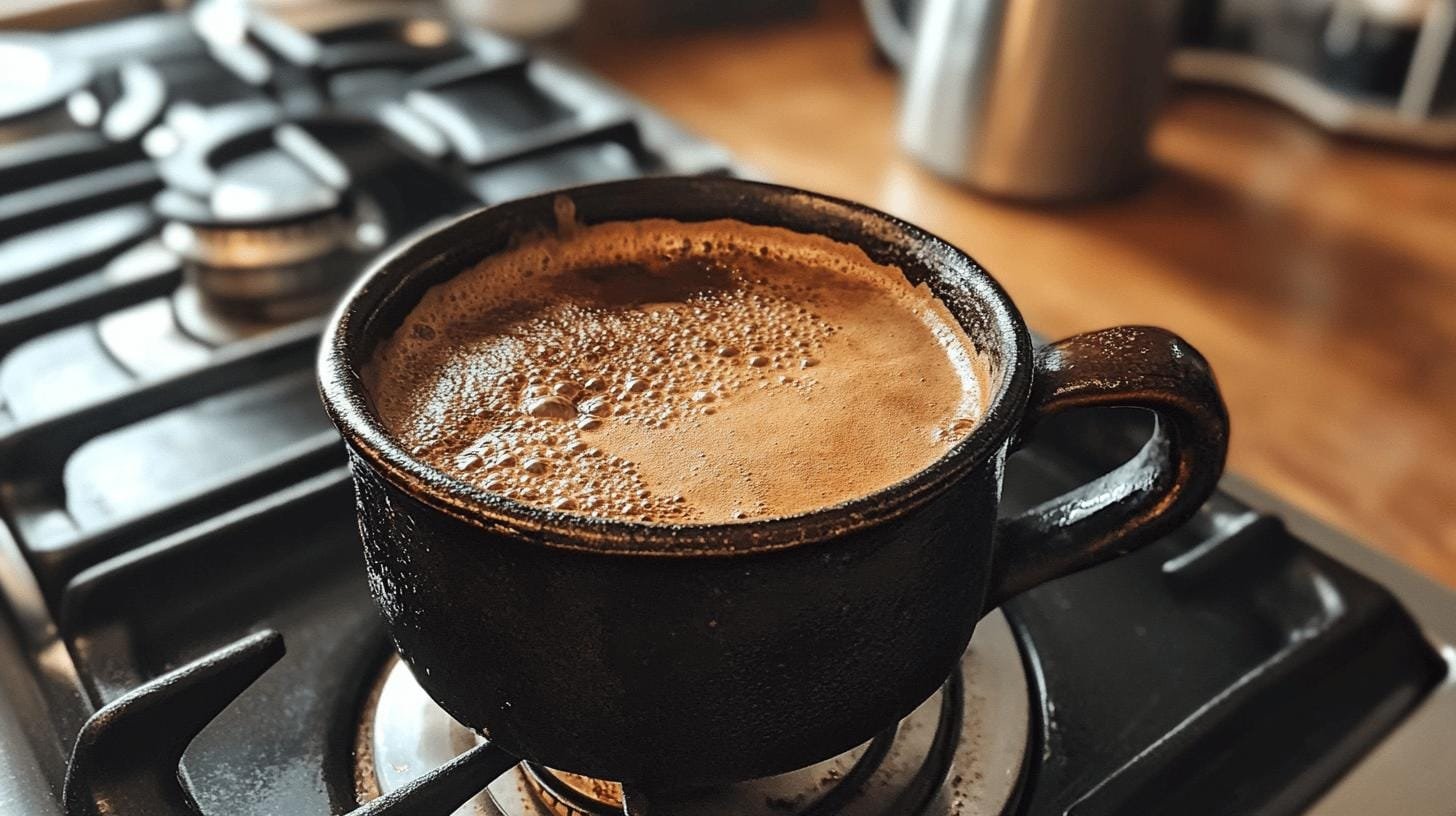 Turkish Coffee boiling in pot on the stove- How to Make Turkish Coffee: Easy Steps