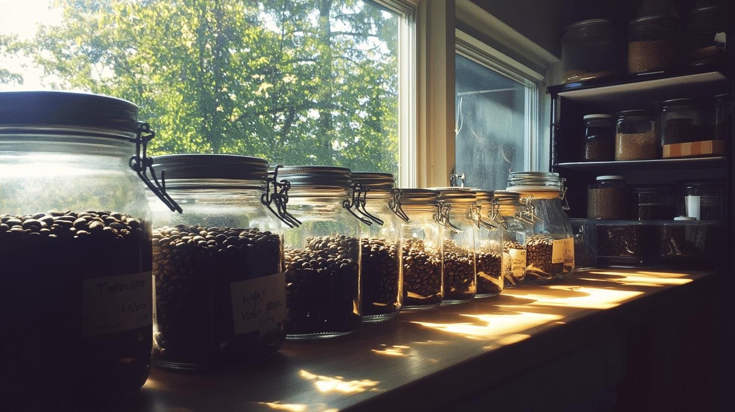 Glass jars of coffee beans arranged on a table -How to Infuse Coffee Beans with Vanilla Flavor