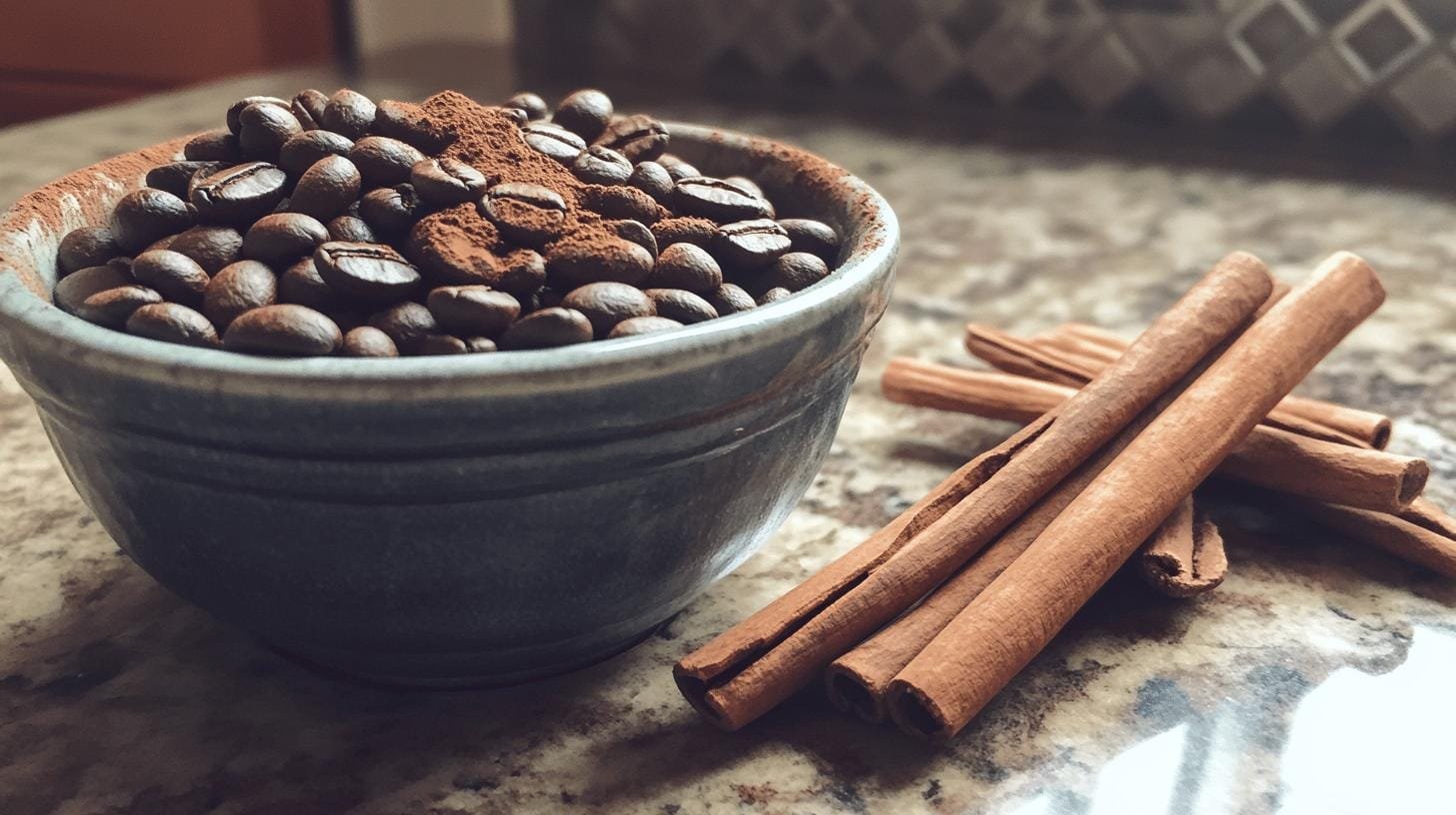 Bowl of coffee beans and cinnamon on the table- How to Infuse Flavor into Coffee Beans Easily